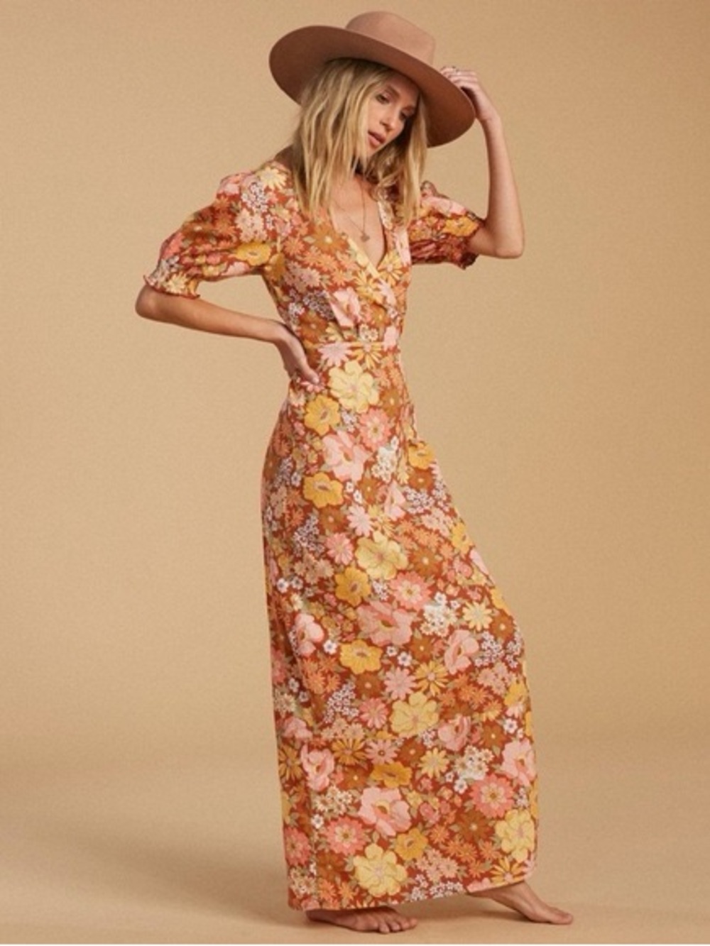 Billabong Mustard and Pink Floral Midi Dress